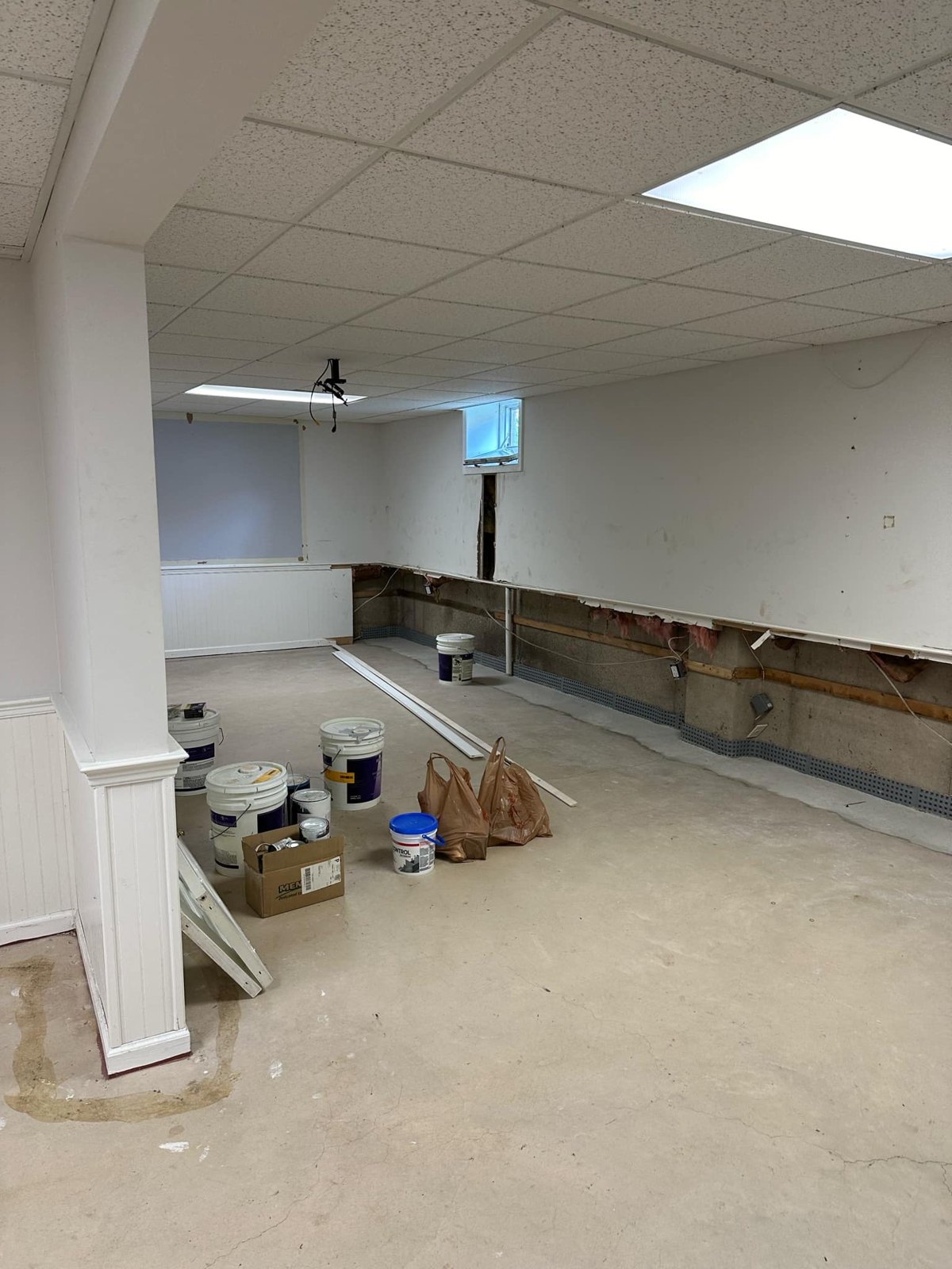 Basement renovation prep, wall repair, and finish work